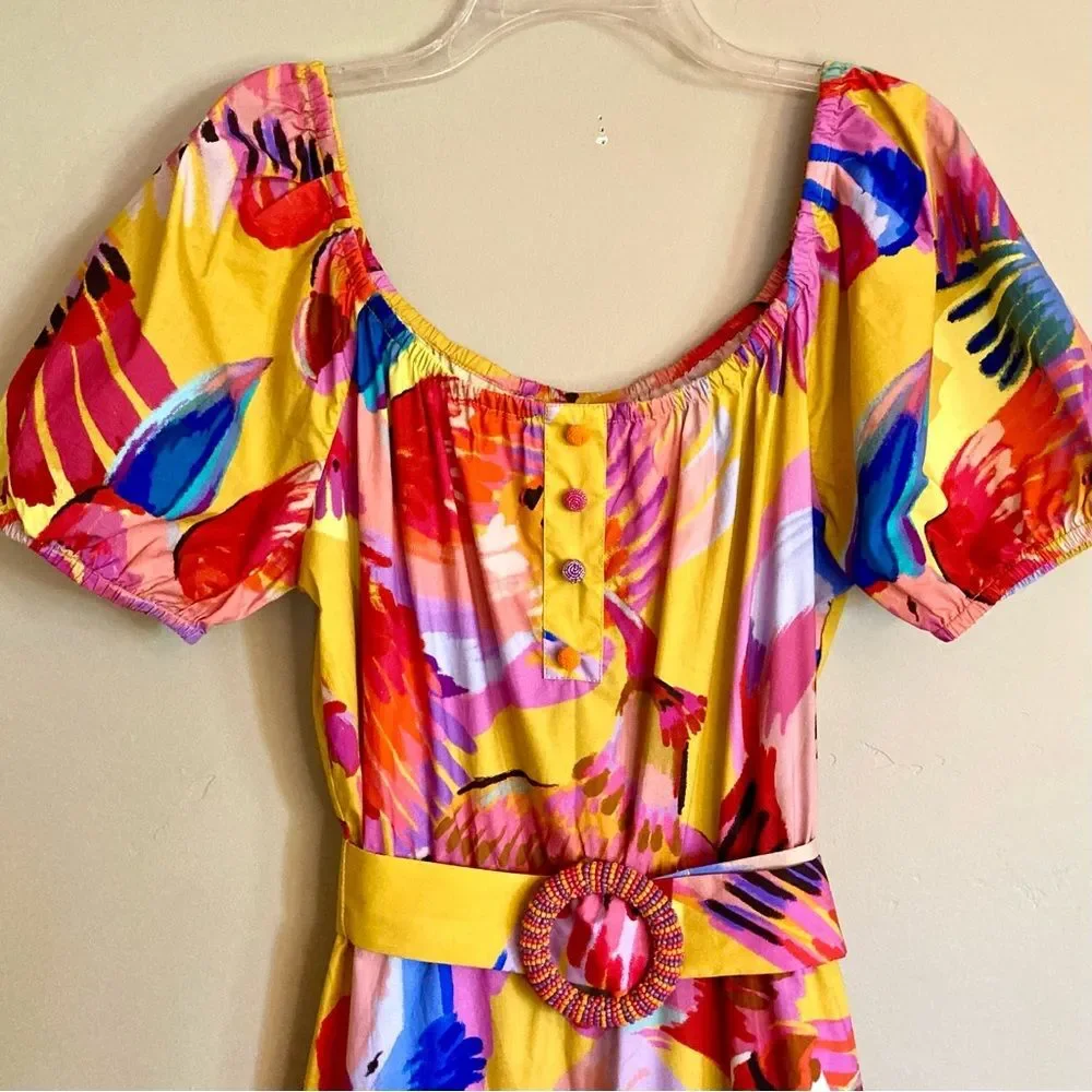 SOLD FARM Rio Neon Macaws Maxi Dress Beaded Tropical Bird Yellow Pink Size L - Picture 8 of 16